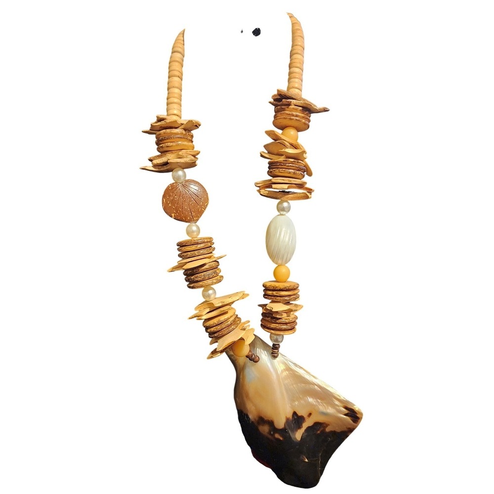VTG Boho Shell and Coconut Wood Statement Necklace Brown 20in